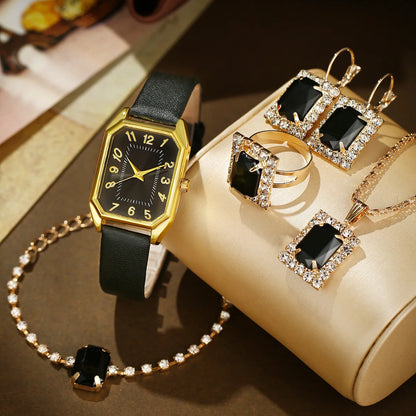 6-Piece Square Watch & Jewellery Set | 29mm Quartz Watch with Leather Strap, Necklace, Bracelet, Ring & Earrings