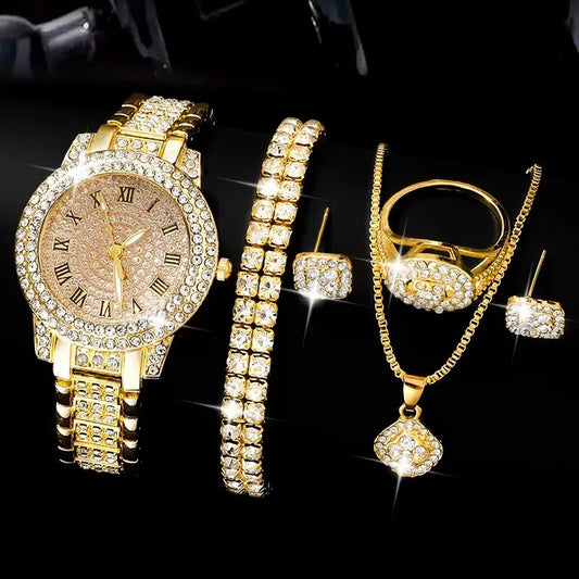 Golden Prestige 6-Piece Luxury Collection | Roman Numeral Watch & Rhinestone Jewelry Ensemble