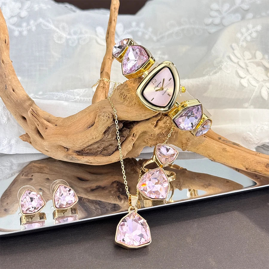 4-Piece Colourful Crystal Watch & Jewellery Set | Irregular Shape Quartz Watch, Necklace, Ring & Earrings