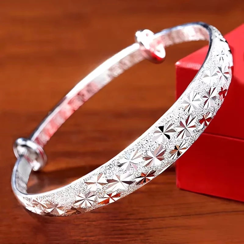 Star Pattern 925 Sterling Silver Resizable Bangle | Tarnish-Resistant Star Cuff for Women