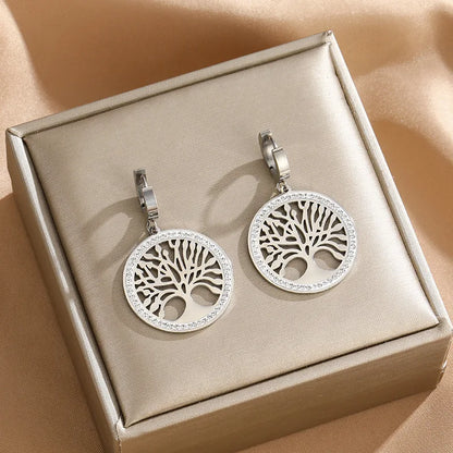 Tree of Life Pendant Necklace & Zircon Earrings Set | 316L Stainless Steel, 5mm Chain, 40cm+5cm