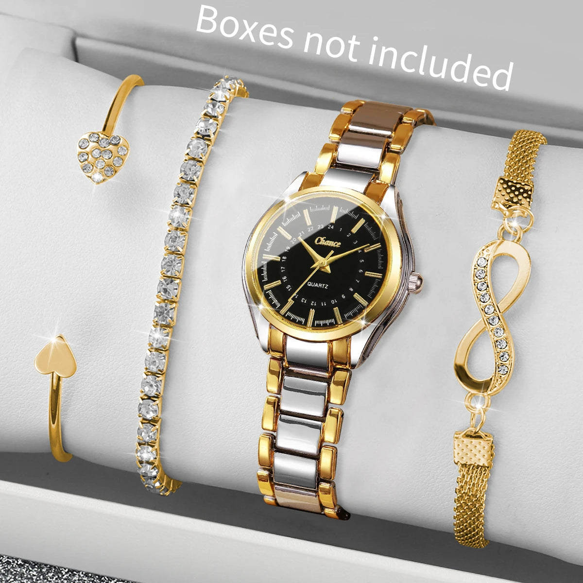 Dainty Small Dial 4-Piece Watch & Stackable Bracelet Set | Gold-Tone Quartz Wristwatch