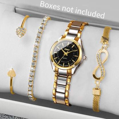 Dainty Small Dial 4-Piece Watch & Stackable Bracelet Set | Gold-Tone Quartz Wristwatch