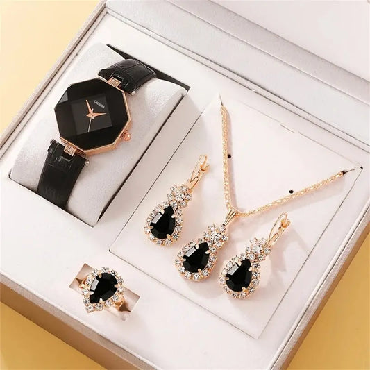 5-Piece Rhinestone Luxury Collection | Elegant Quartz Watch & Sparkling Jewelry Set