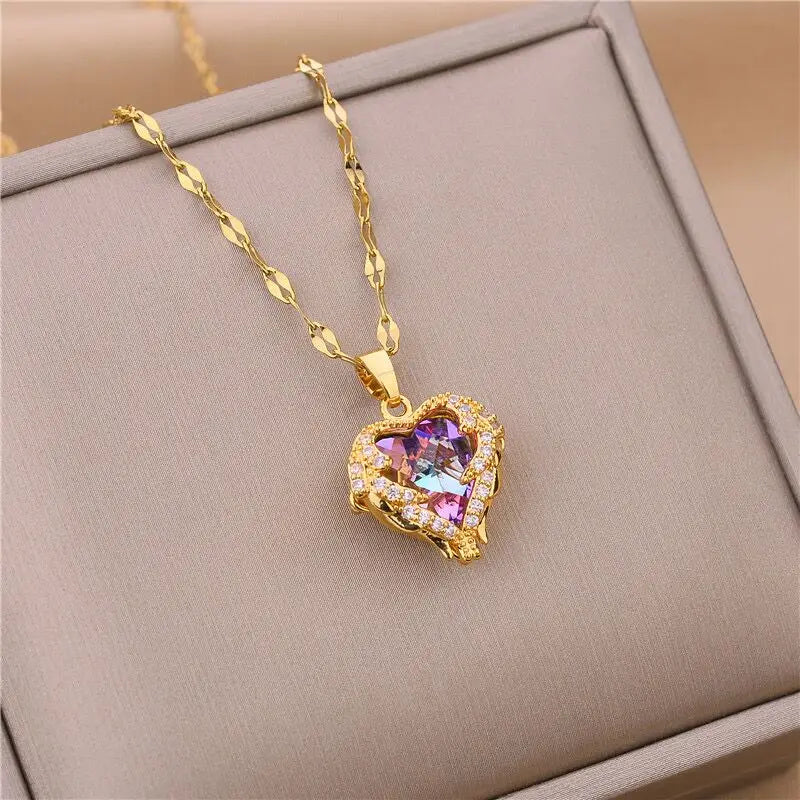 Colourful Crystal Heart Pendant Necklace | 18K Gold-Plated 316L Stainless Steel