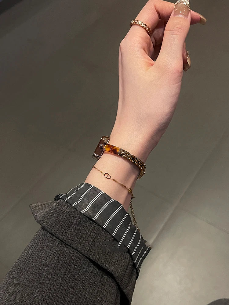 Vintage Square Amber-Tone Watch | 22mm Roman Numeral Stainless Steel Bracelet