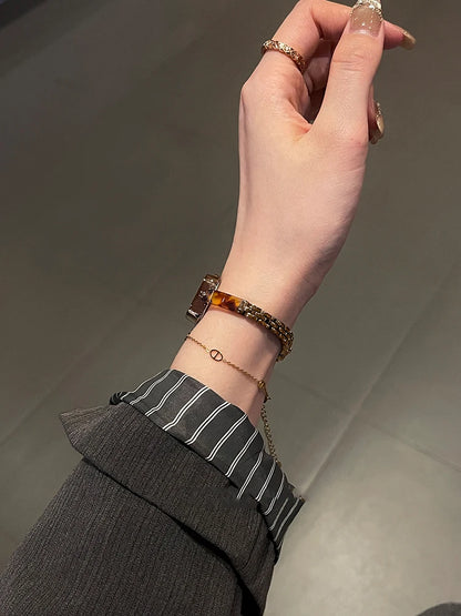 Vintage Square Amber-Tone Watch | 22mm Roman Numeral Stainless Steel Bracelet