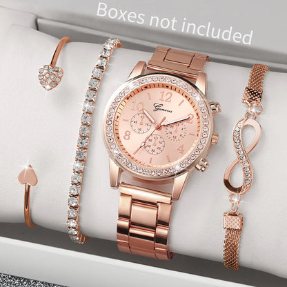 4-Piece Rhinestone Watch & Stackable Bracelet Set | 36-38mm Quartz Watch with 3 Bracelets