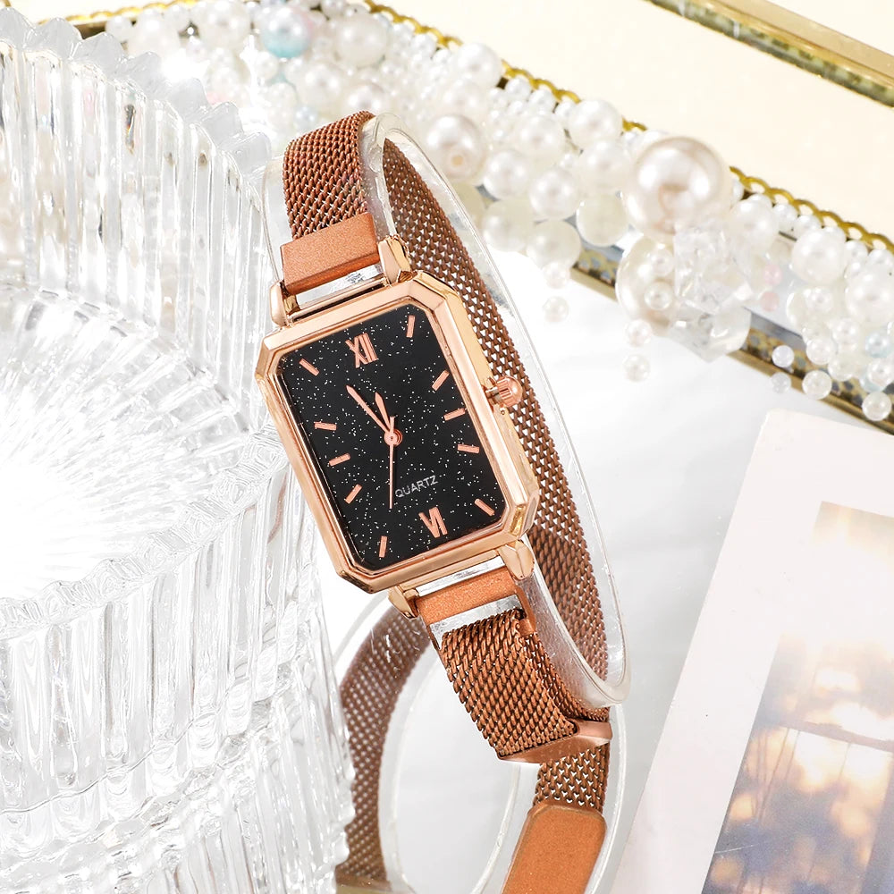 Green Dial Square Watch | Rose Gold Mesh Strap, 24mm, Roman Numerals, Quartz
