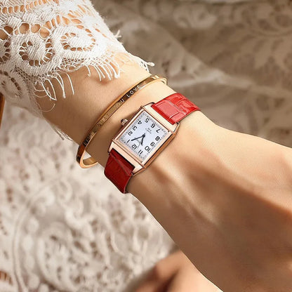 Rose Gold Square Watch | 28mm Arabic Numeral Dial with PU Leather Strap