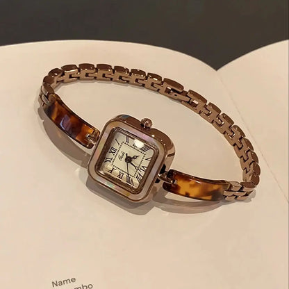 Vintage Square Amber-Tone Watch | 22mm Roman Numeral Stainless Steel Bracelet