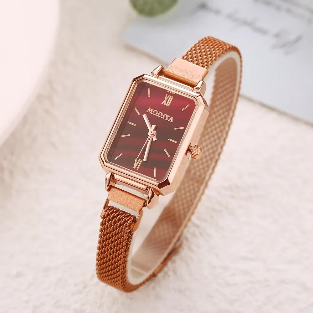Green Dial Square Watch | Rose Gold Mesh Strap, 24mm, Roman Numerals, Quartz