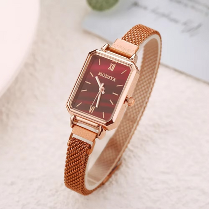 Green Dial Square Watch | Rose Gold Mesh Strap, 24mm, Roman Numerals, Quartz