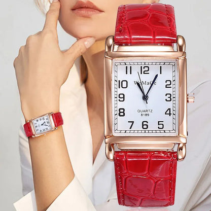 Rose Gold Square Watch | 28mm Arabic Numeral Dial with PU Leather Strap