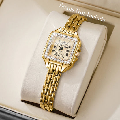Rhinestone Square Watch | Gold-Tone Roman Numeral Dial & Slim Alloy Bracelet