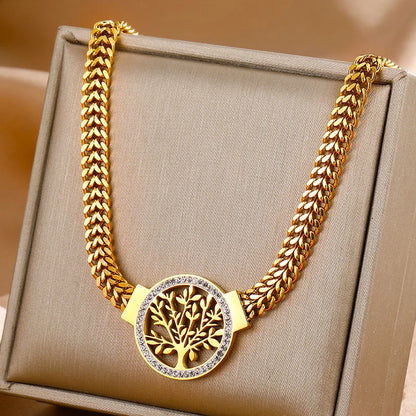 Tree of Life Pendant Necklace & Zircon Earrings Set | 316L Stainless Steel, 5mm Chain, 40cm+5cm