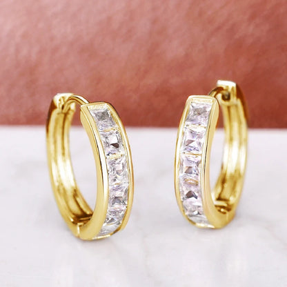Princess Cut Crystal Hoop Earrings | Elegant Square Cubic Zirconia Gold-Tone Huggies