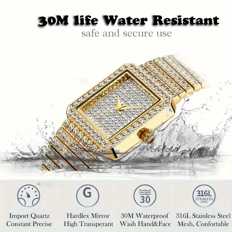 Gold Square Rhinestone Bracelet Watch for Women | Rhinestone Encrusted Quartz Timepiece