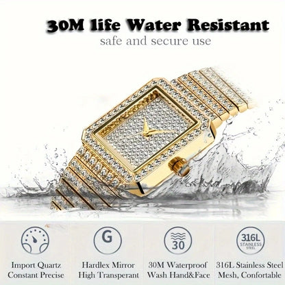 Gold Square Rhinestone Bracelet Watch for Women | Rhinestone Encrusted Quartz Timepiece