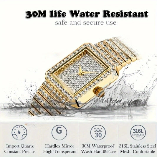 Iced-Out Golden Square Watch | Luxury Rhinestone Encrusted Bracelet Watch for Women