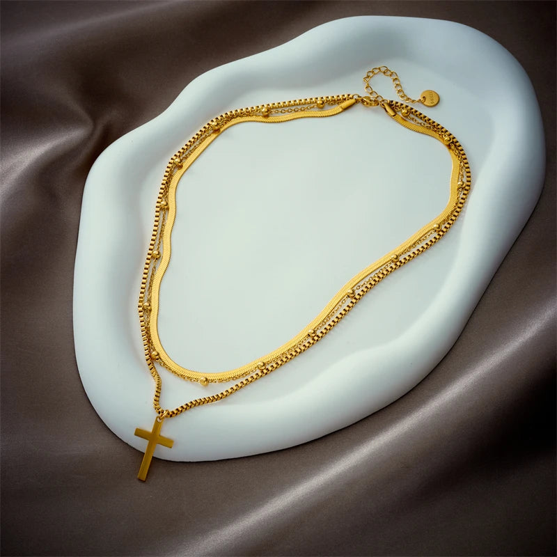 3-in-1 Layered Geometric Pendant Necklace | Waterproof 316L Stainless Steel Gold-Tone Chain