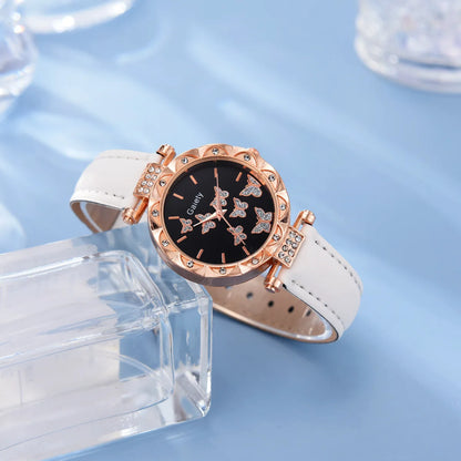 6-Piece Butterfly Watch & Jewellery Set | 33mm Numberless Dial, PU Leather Strap, Necklace, Bracelet, Ring & Earrings