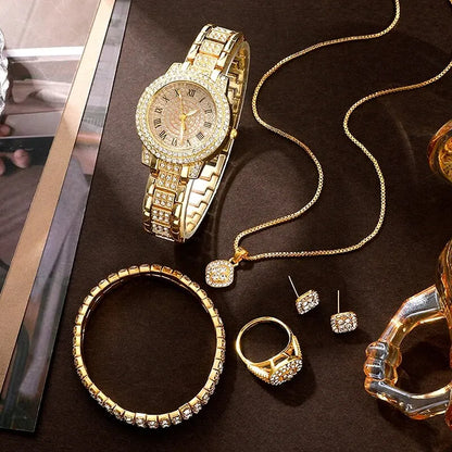 6-Piece Roman Numeral Watch & Rhinestone Jewellery Set | 32mm Quartz Watch, Necklace, Bracelet, Ring & Earrings