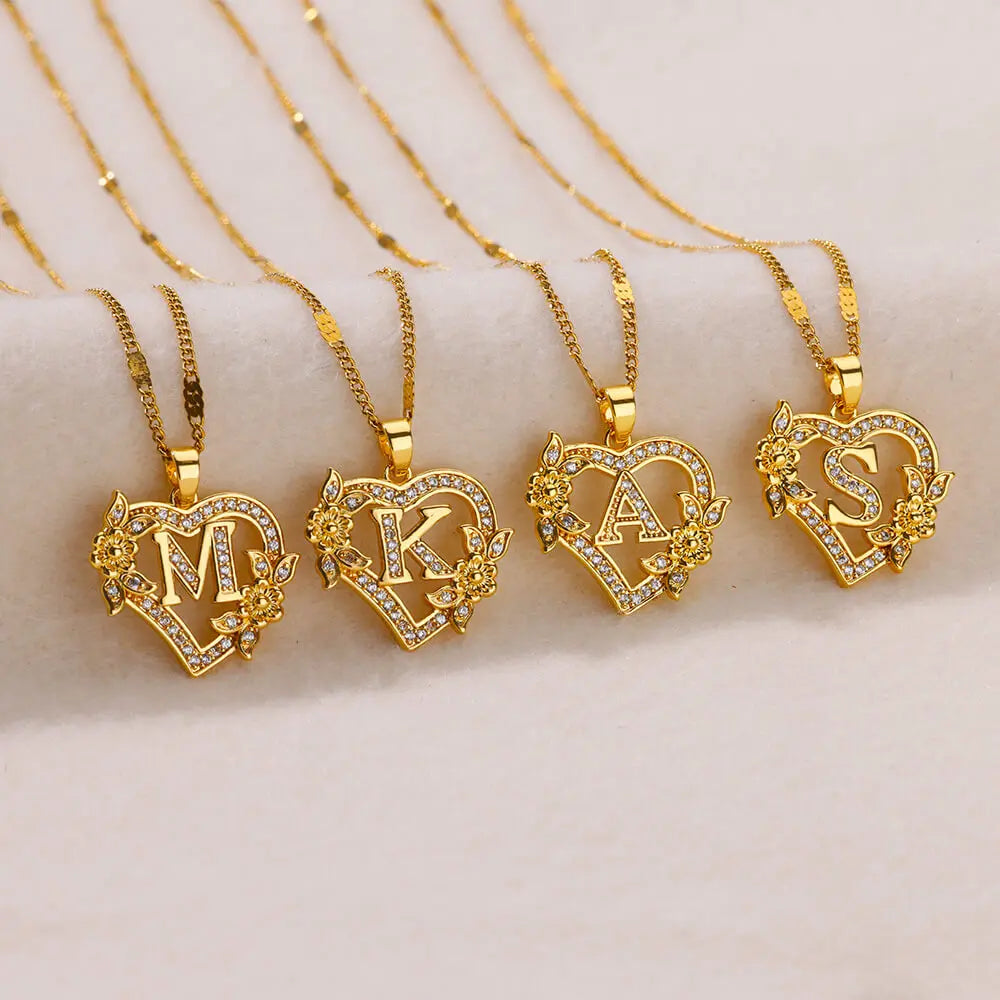 Initial Letter Heart Pendant Necklace | Zircon Flower & Personalised Letter, 316L Stainless Steel