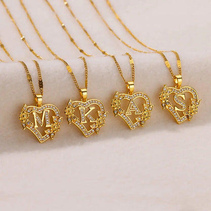 Initial Letter Heart Pendant Necklace | Zircon Flower & Personalised Letter, 316L Stainless Steel