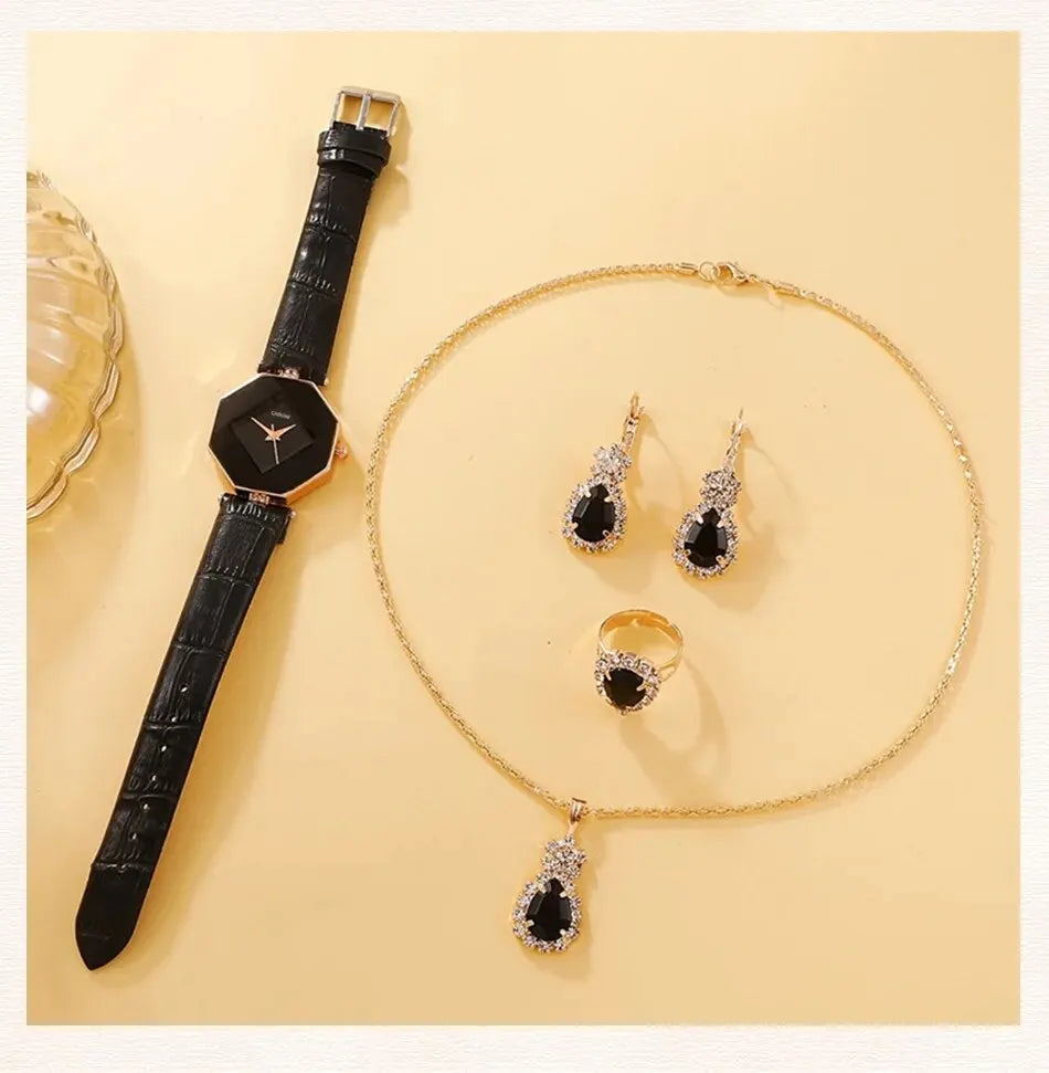 5-Piece Rhinestone Watch & Jewellery Set | Women's Quartz Watch with Necklace, Ring & Earrings