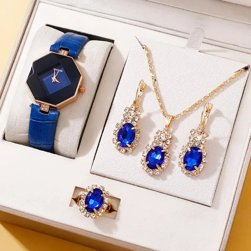 5-Piece Rhinestone Watch & Jewellery Set | Women's Quartz Watch with Necklace, Ring & Earrings