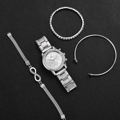 4-Piece Rhinestone Watch & Stackable Bracelet Set | 36-38mm Quartz Watch with 3 Bracelets