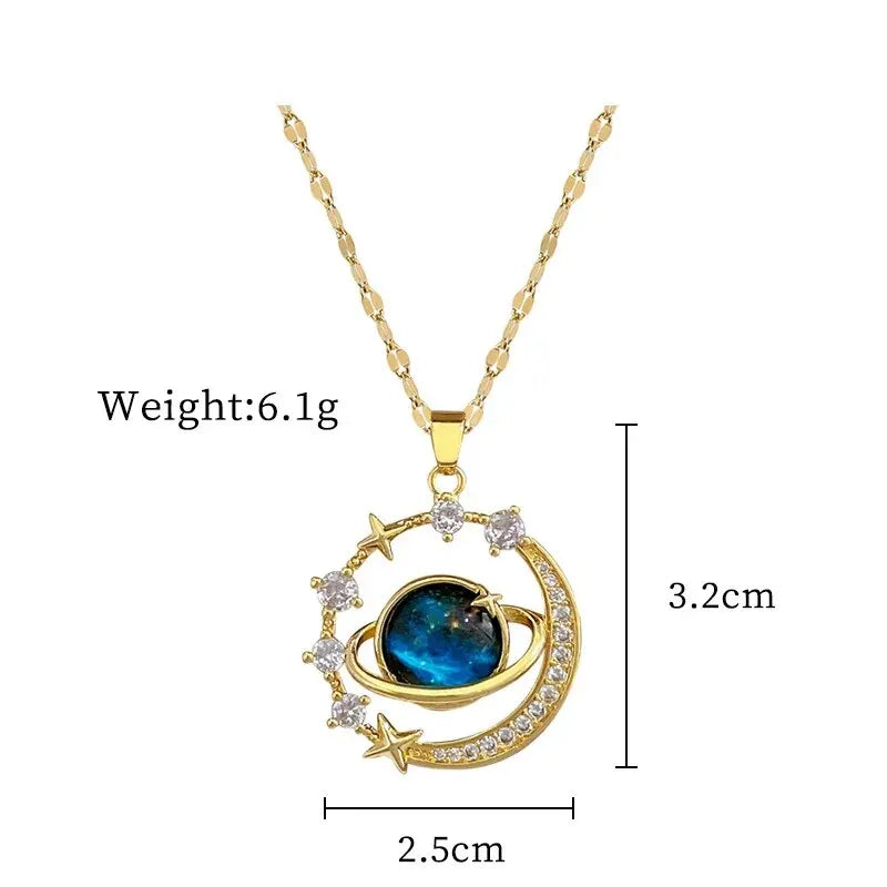 Star, Moon & Astronaut Pendant Necklace | Waterproof Titanium Steel with Zircon