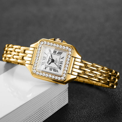 Rhinestone Square Watch | Gold-Tone Roman Numeral Dial & Slim Alloy Bracelet