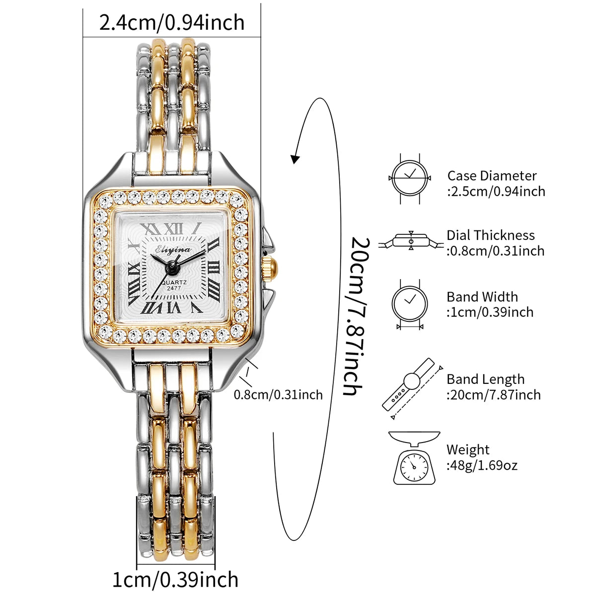 Luxe Rhinestone Square Watch | Elegant Roman Numeral Dial & Polished Gold-Tone Wristwatch