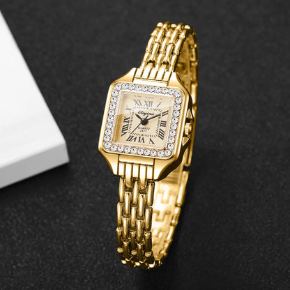 Rhinestone Square Watch | Gold-Tone Roman Numeral Dial & Slim Alloy Bracelet