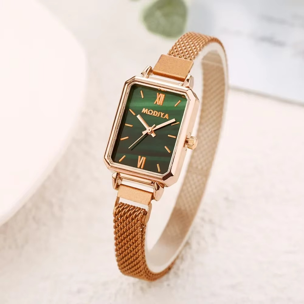 Green Dial Square Watch | Rose Gold Mesh Strap, 24mm, Roman Numerals, Quartz