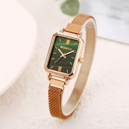 Green Dial Square Watch | Rose Gold Mesh Strap, 24mm, Roman Numerals, Quartz
