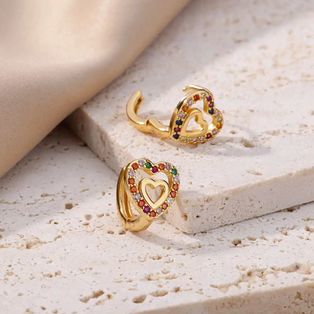 Hollow Zircon Heart Studs | Waterproof Gold Stainless Steel Screw-Back Earrings
