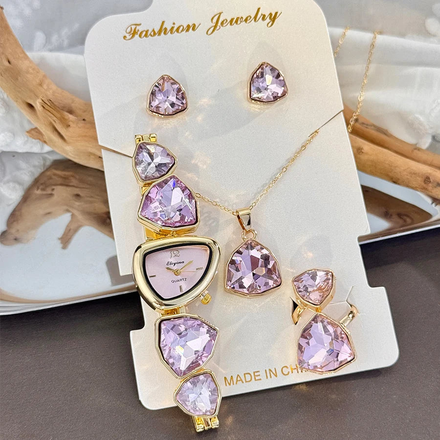 4-Piece Colourful Crystal Watch & Jewellery Set | Irregular Shape Quartz Watch, Necklace, Ring & Earrings