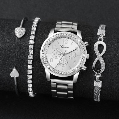 4-Piece Rhinestone Watch & Stackable Bracelet Set | 36-38mm Quartz Watch with 3 Bracelets