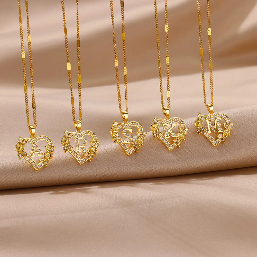 Initial Letter Heart Pendant Necklace | Zircon Flower & Personalised Letter, 316L Stainless Steel