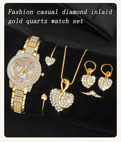 6-Piece Rhinestone Watch & Jewellery Set | Gold-Tone Quartz Watch with Necklace, Bracelet, Ring & Earrings