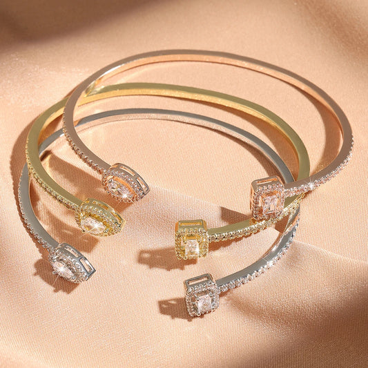 Geometric Luxe Gold Cuff | Elegant Cubic Zirconia Minimalist Bangle for Women