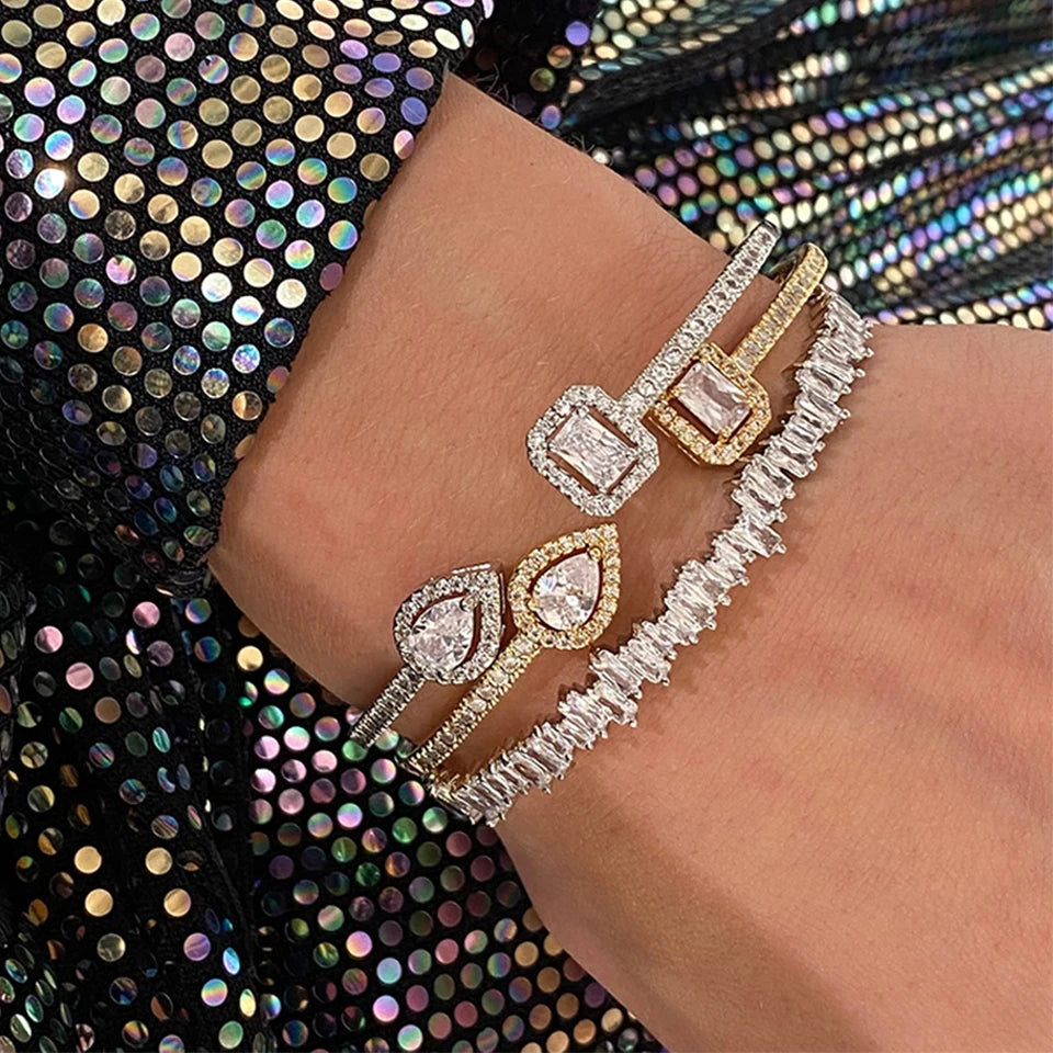 3-Piece Geometric Gold Cuff Bangle Set | AAA+ Cubic Zirconia Prong Setting, Adjustable, Unisex