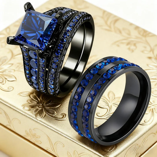 Matching Couple Rings | Black Stainless Steel & Blue Cubic Zirconia Bands