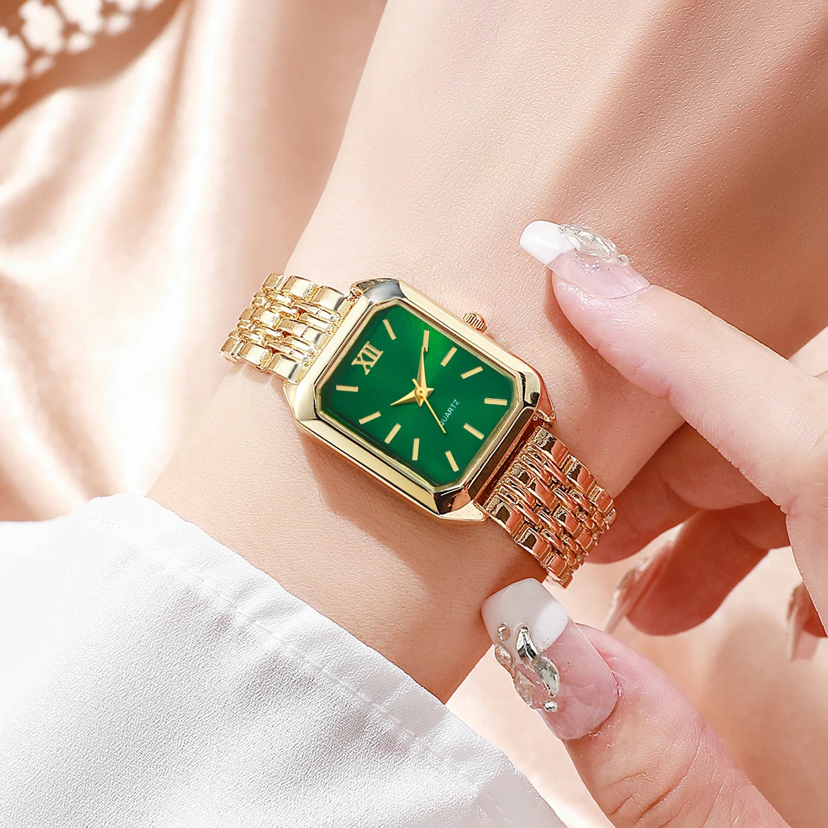 6-Piece Rectangle Watch & Heart Jewellery Set | 27mm Roman Numeral Quartz Watch, Necklace, Bracelet, Ring & Earrings