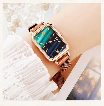 Green Dial Square Watch | Rose Gold Mesh Strap, 24mm, Roman Numerals, Quartz