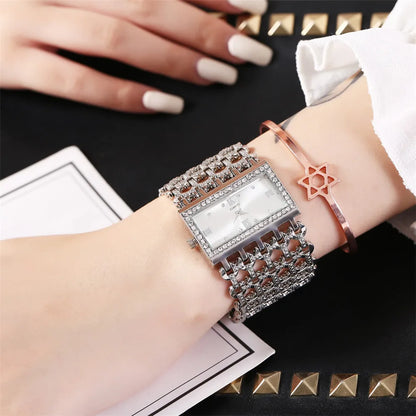 Gold-Tone Skeleton Cuff Watch | 35mm Wide Openwork Bangle with Square Rhinestone Dial