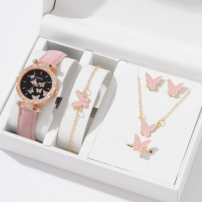 6-Piece Butterfly Watch & Jewellery Set | 33mm Numberless Dial, PU Leather Strap, Necklace, Bracelet, Ring & Earrings